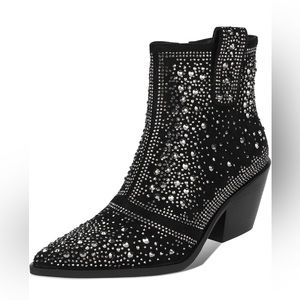💎 Brand New ISNOM Rhinestone Black Ankle Cowboy Boots